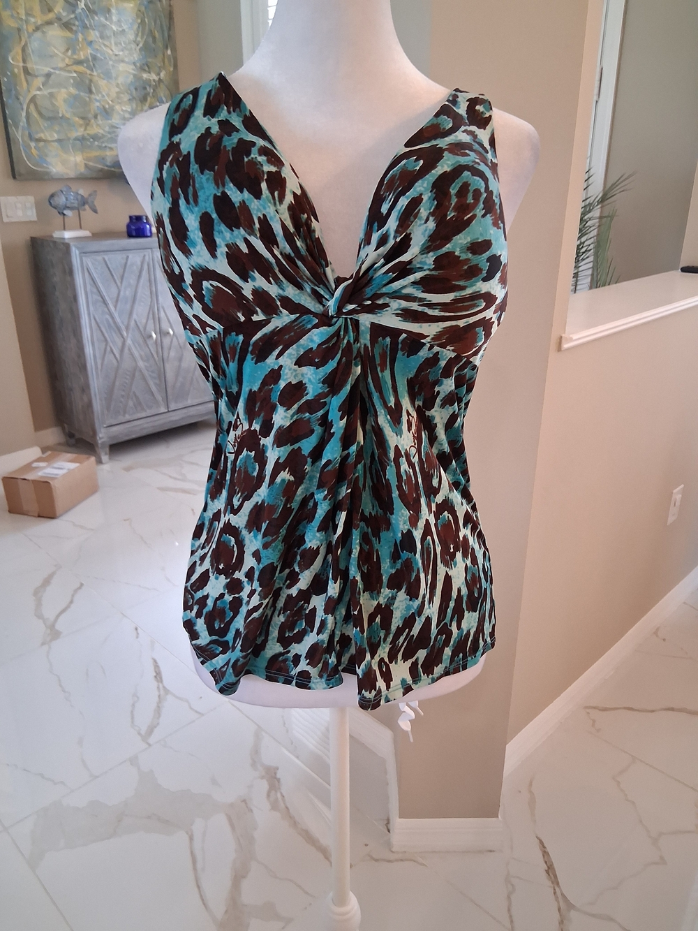 Very J Teal and Brown Twist-Front Animal Print Camisole